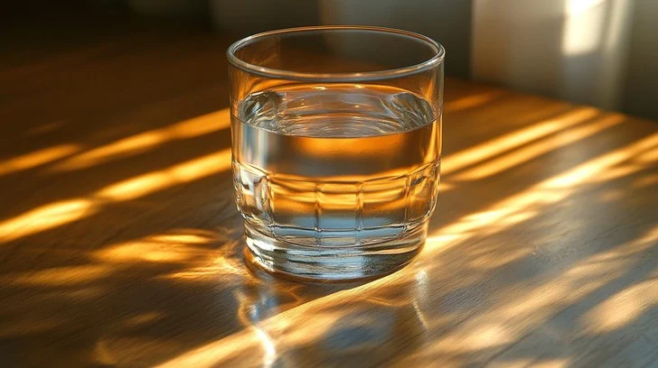 A clear glass of water on a wooden surface with soft morning light